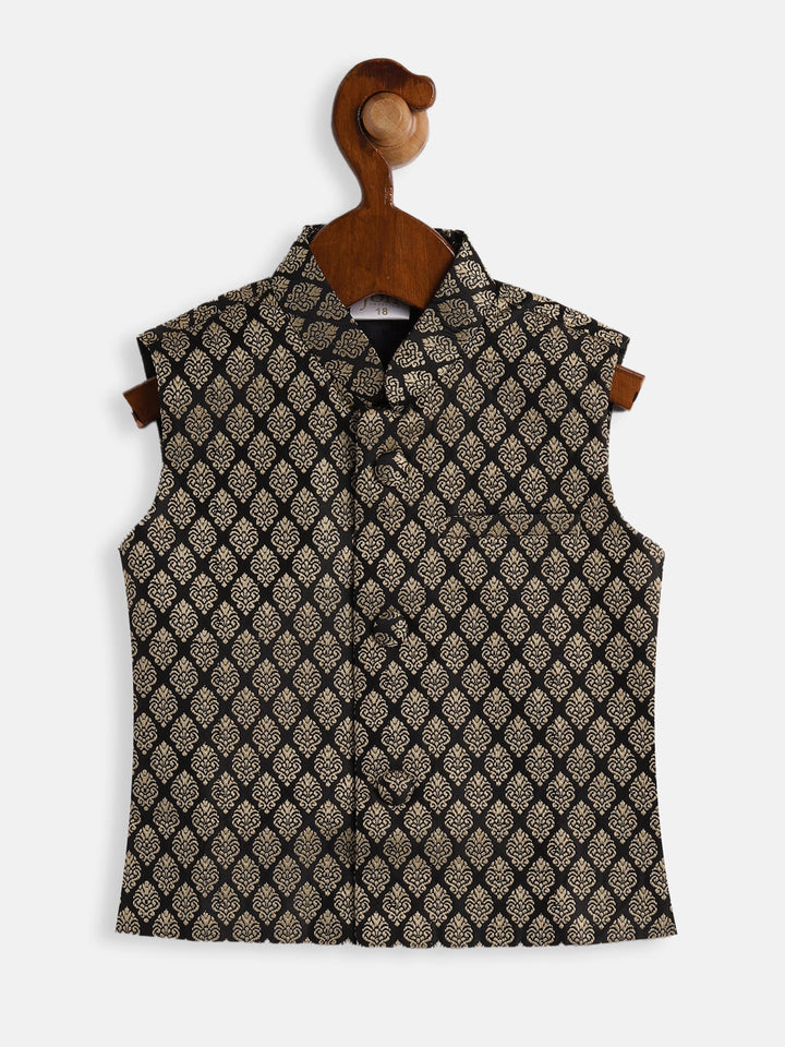 VASTRAMAY SISHU Boy's Black and Gold Silk Blend Nehru Jacket - qivii