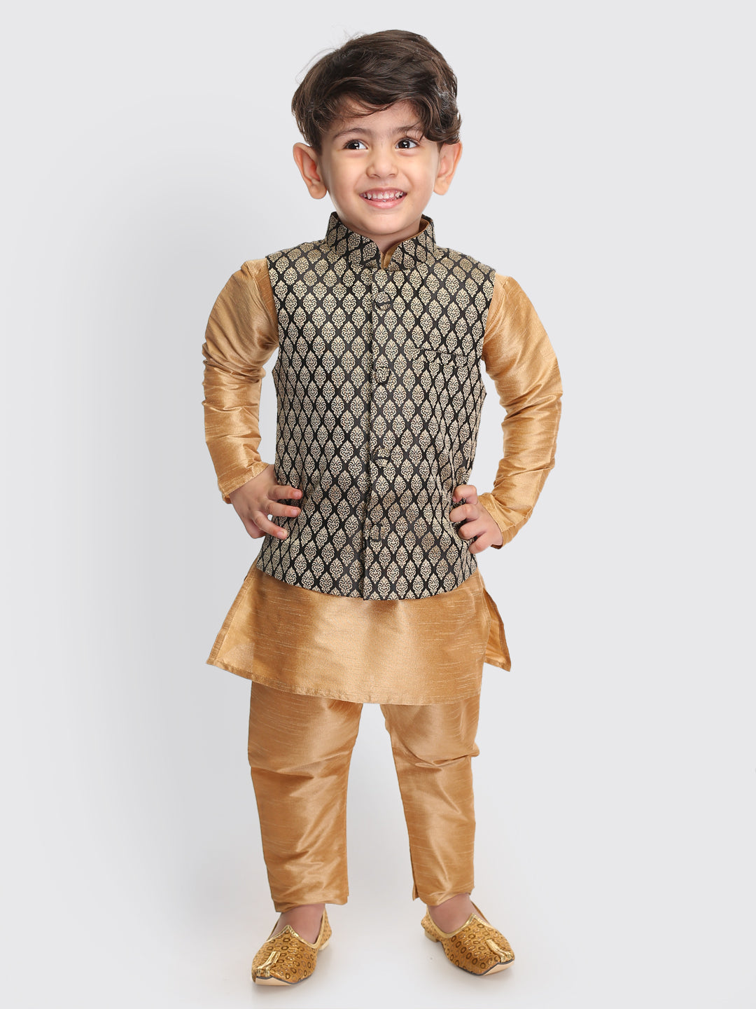 VASTRAMAY SISHU Boys Rose Gold Silk Blend Jacket, Kurta and Pyjama Set - qivii