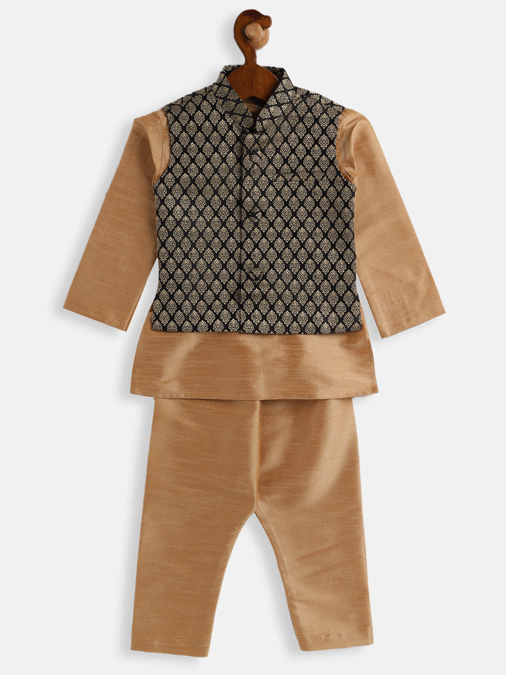 VASTRAMAY SISHU Boys Rose Gold Silk Blend Jacket, Kurta and Pyjama Set - qivii