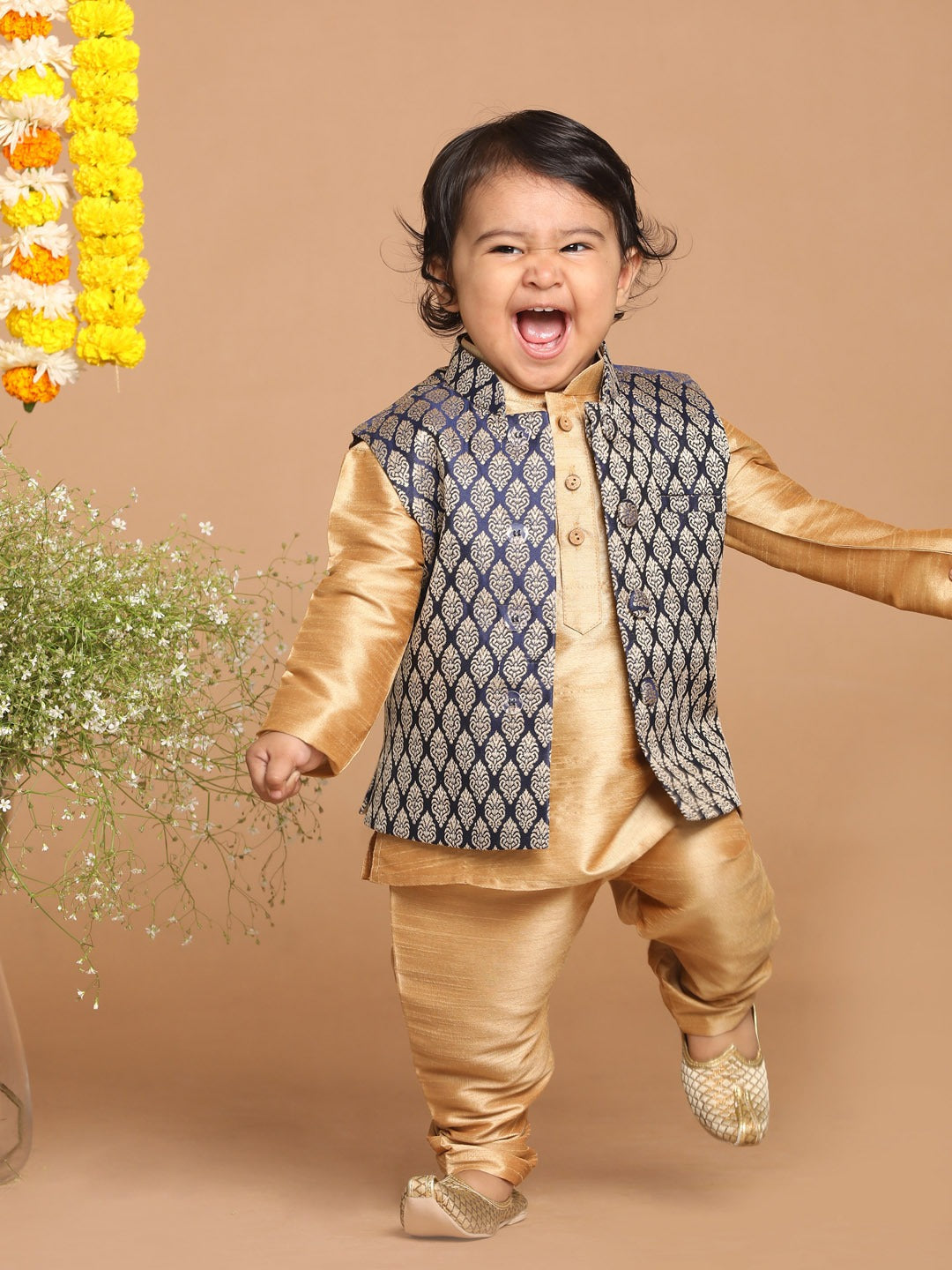 VASTRAMAY SISHU Boy's Gold-Toned & Blue Kurta with Pyjama & Nehru Jacket - qivii