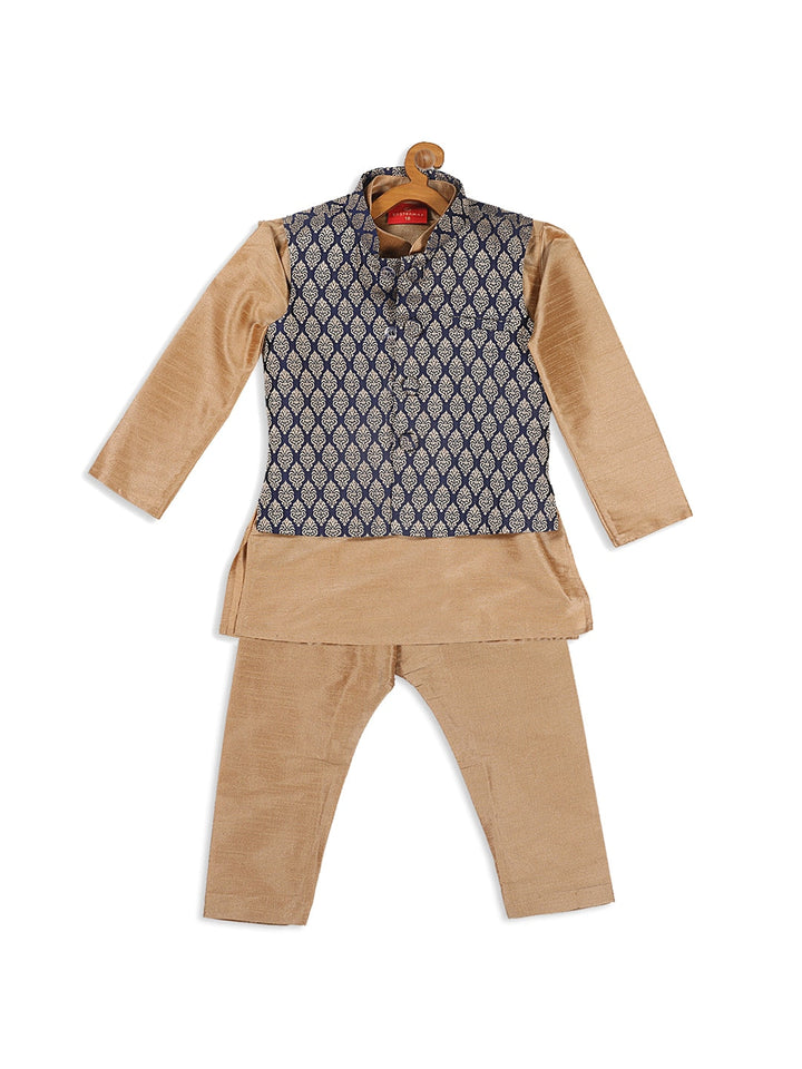 VASTRAMAY SISHU Boy's Gold-Toned & Blue Kurta with Pyjama & Nehru Jacket - qivii