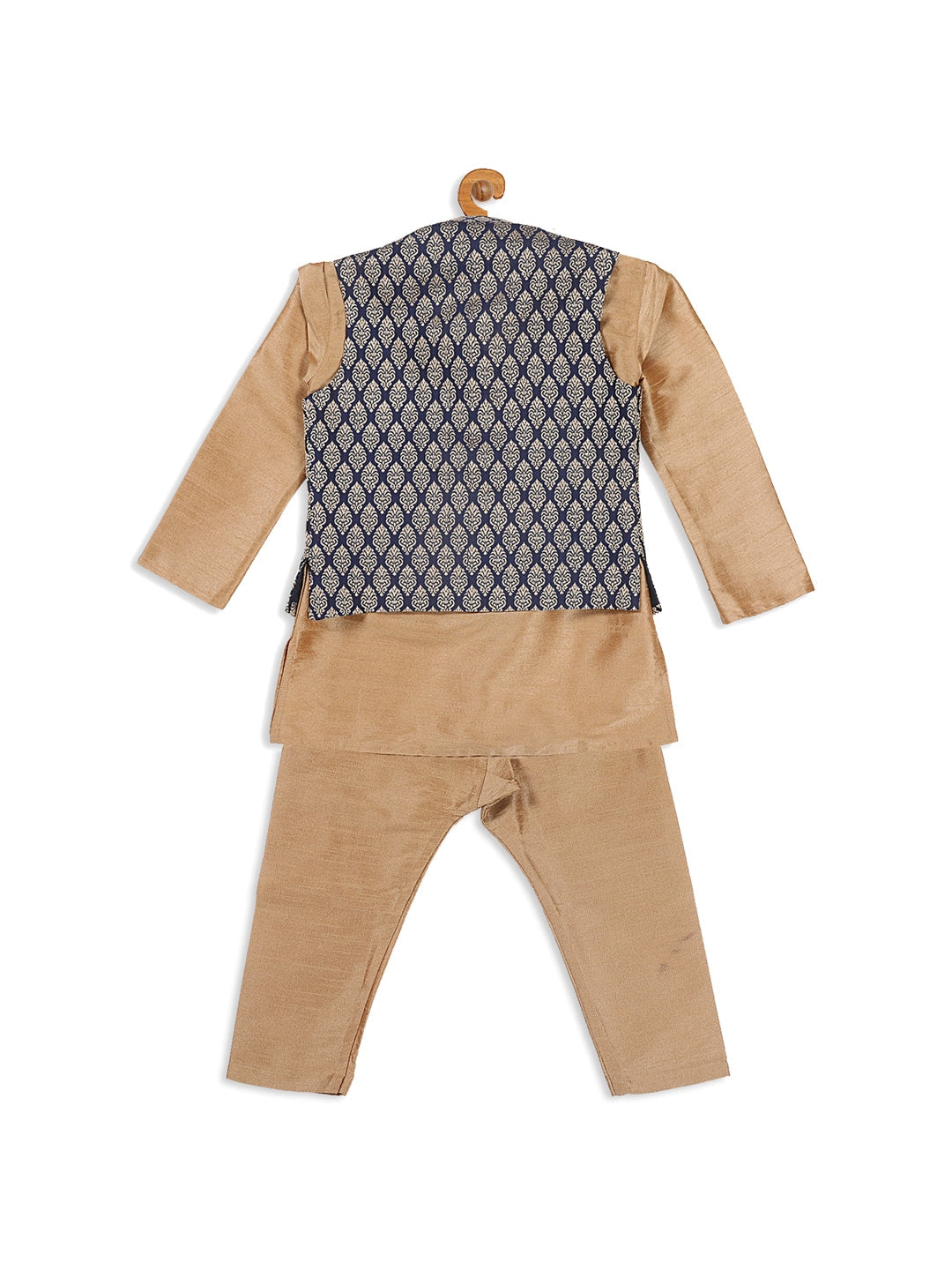 VASTRAMAY SISHU Boy's Gold-Toned & Blue Kurta with Pyjama & Nehru Jacket - qivii