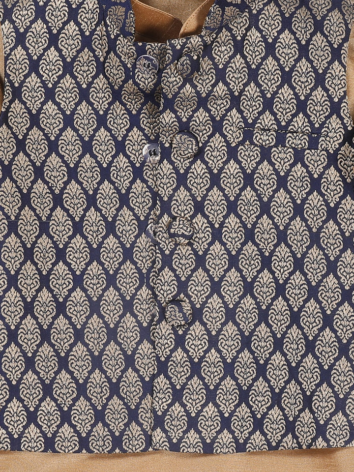 VASTRAMAY SISHU Boy's Gold-Toned & Blue Kurta with Pyjama & Nehru Jacket - qivii