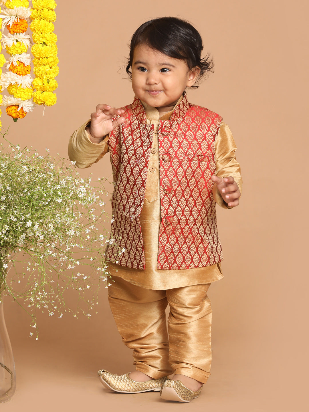 VASTRAMAY SISHU Boy's Maroon Jacket And Rose Gold Ethnic Kurta With Pyjama Set - qivii