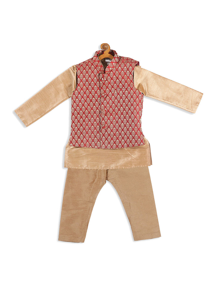 VASTRAMAY SISHU Boy's Maroon Jacket And Rose Gold Ethnic Kurta With Pyjama Set - qivii