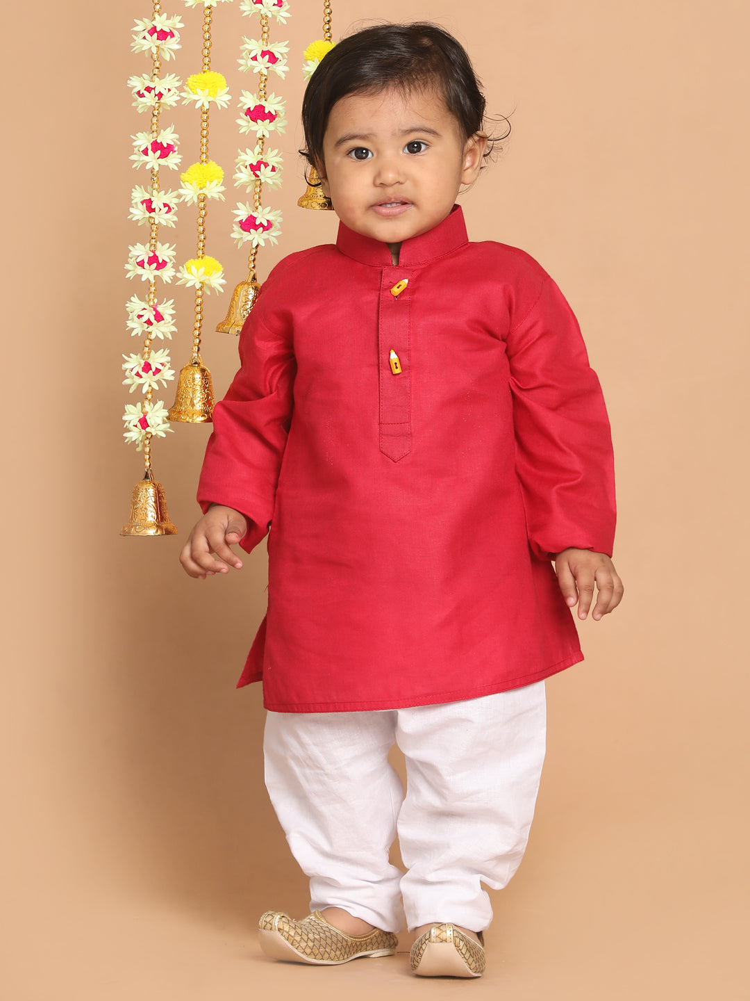 VASTRAMAY Boy's Maroon Kurta With White Pyjama Set - qivii