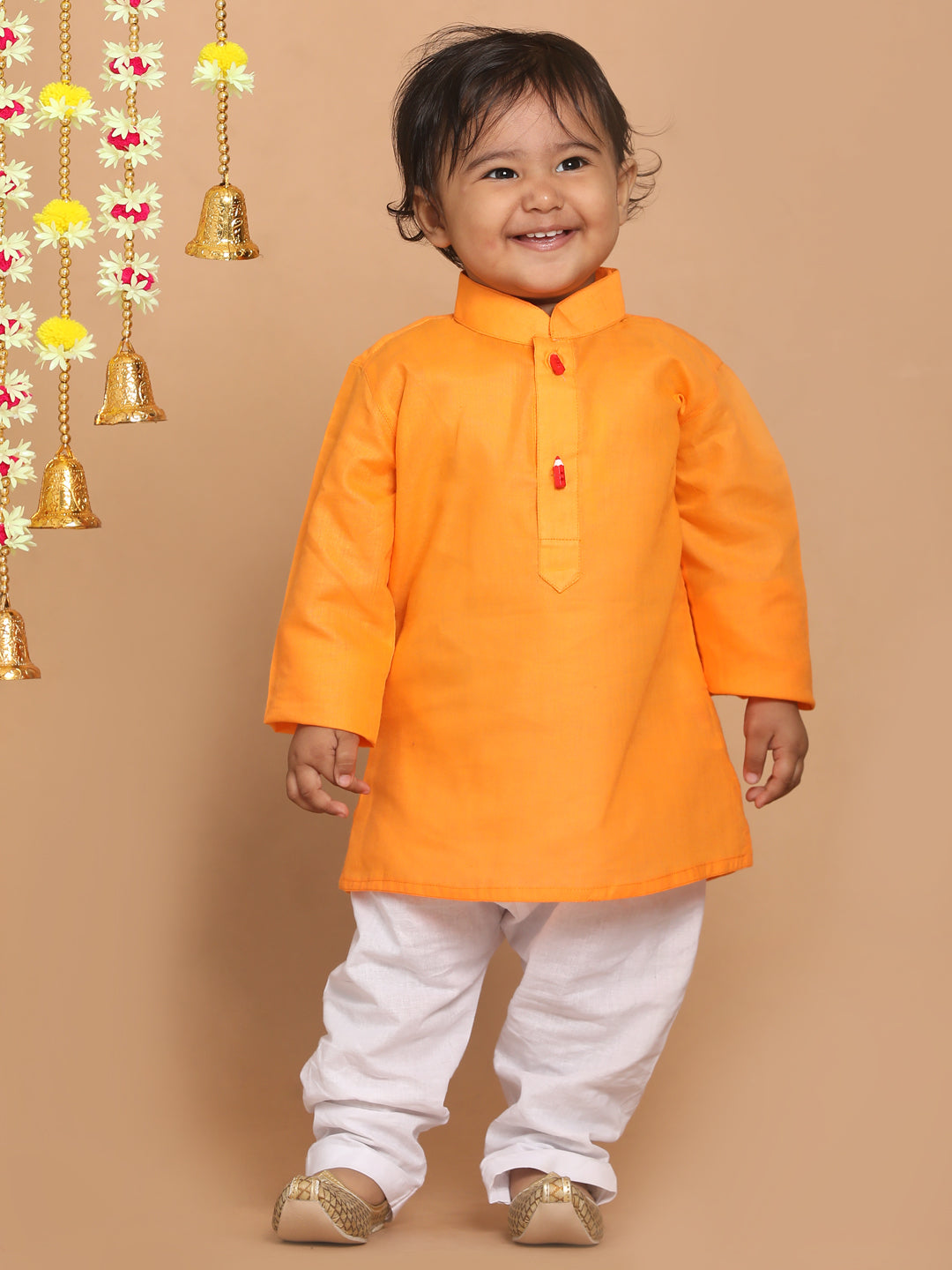 VASTRAMAY Boy's Orange Color Kurta With White Pyjama Set - qivii