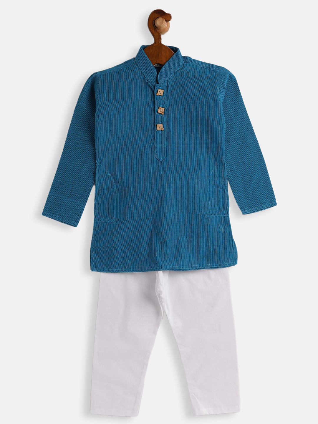 VASTRAMAY Boys Aqua Blue and White Pure Cotton Kurta Pyjama Set - qivii