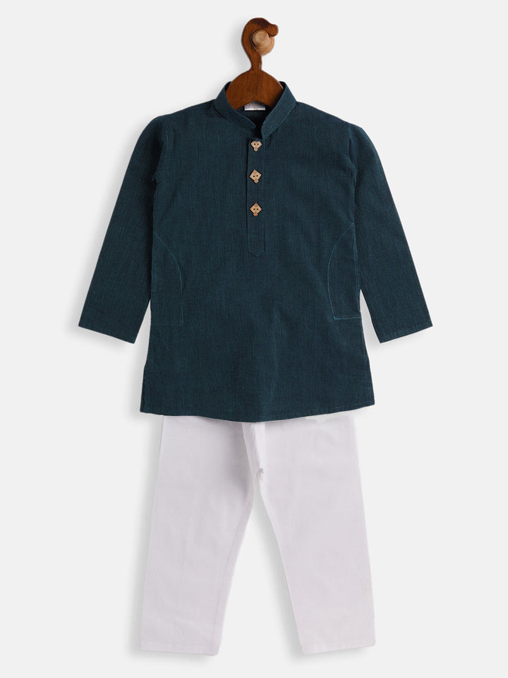 VASTRAMAY Boys Blue and White Pure Cotton Kurta Pyjama Set - qivii