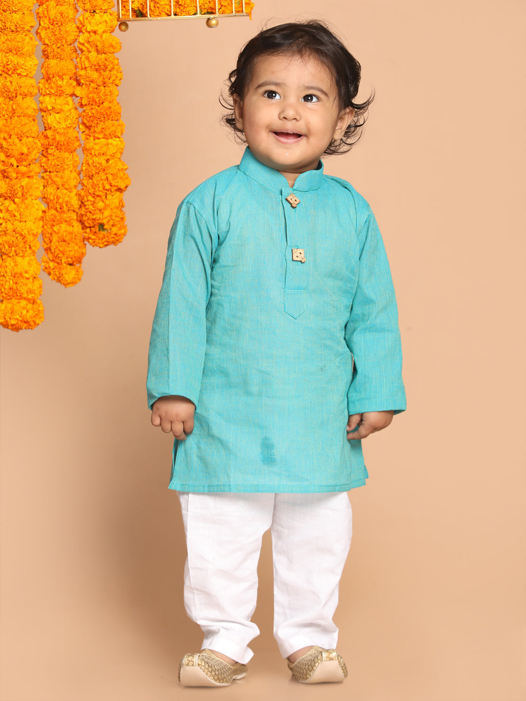 VASTRAMAY Boy's Blue Pure Cotton Kurta With White Pyjama Set - qivii