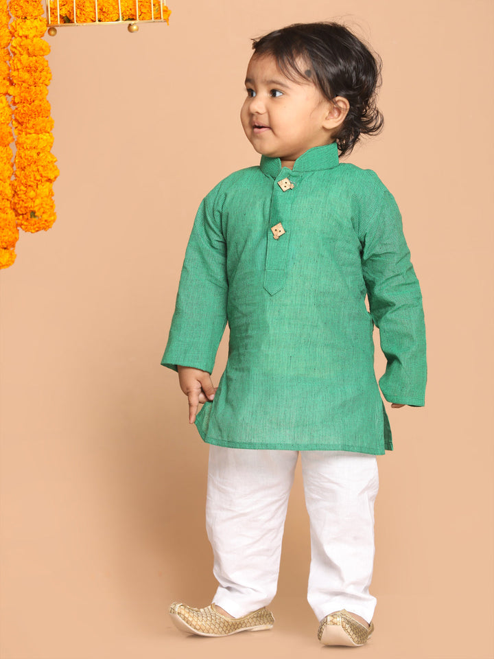 VASTRAMAY Boy's Green Striped Pure Cotton Kurta With Pyjama Set - qivii