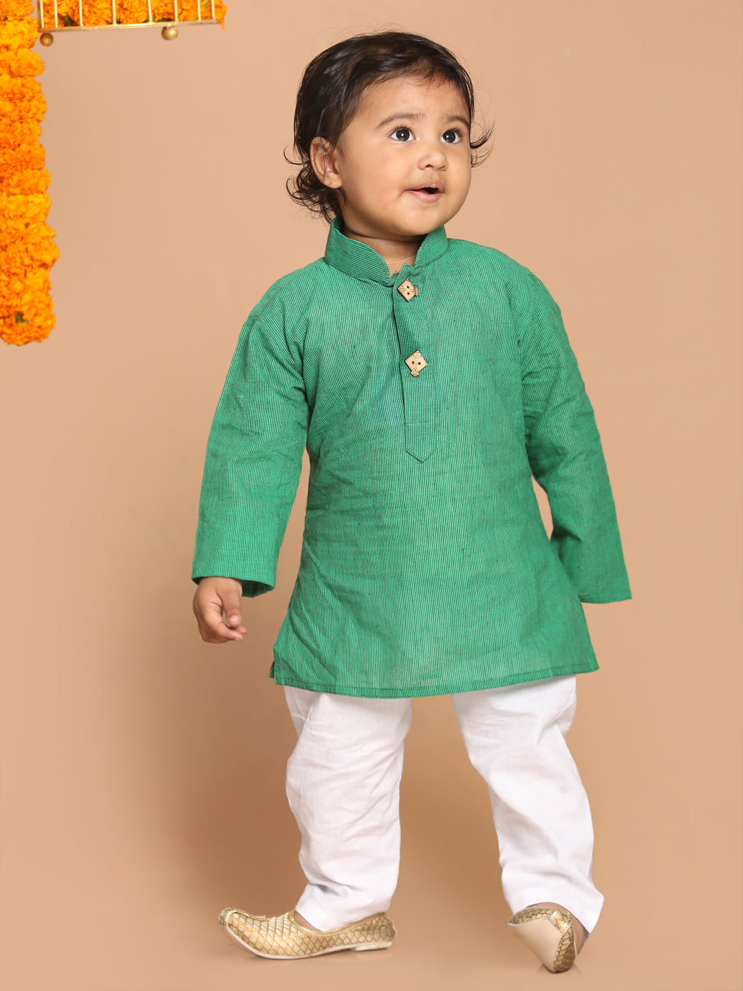 VASTRAMAY Boy's Green Striped Pure Cotton Kurta With Pyjama Set - qivii