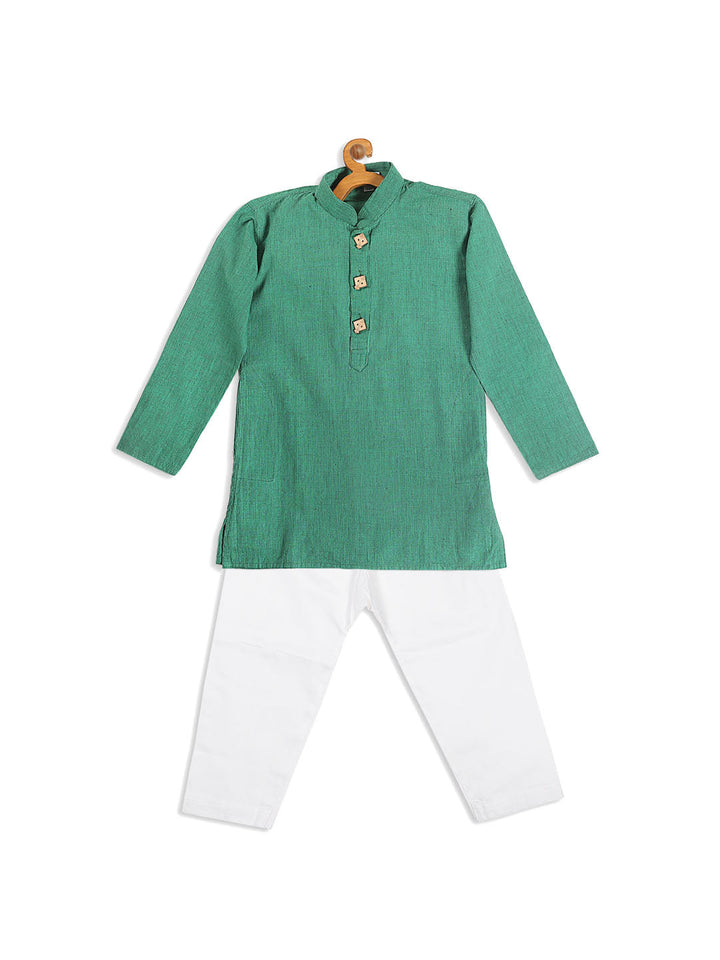 VASTRAMAY Boy's Green Striped Pure Cotton Kurta With Pyjama Set - qivii