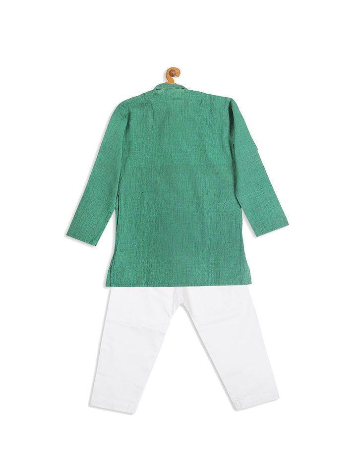 VASTRAMAY Boy's Green Striped Pure Cotton Kurta With Pyjama Set - qivii
