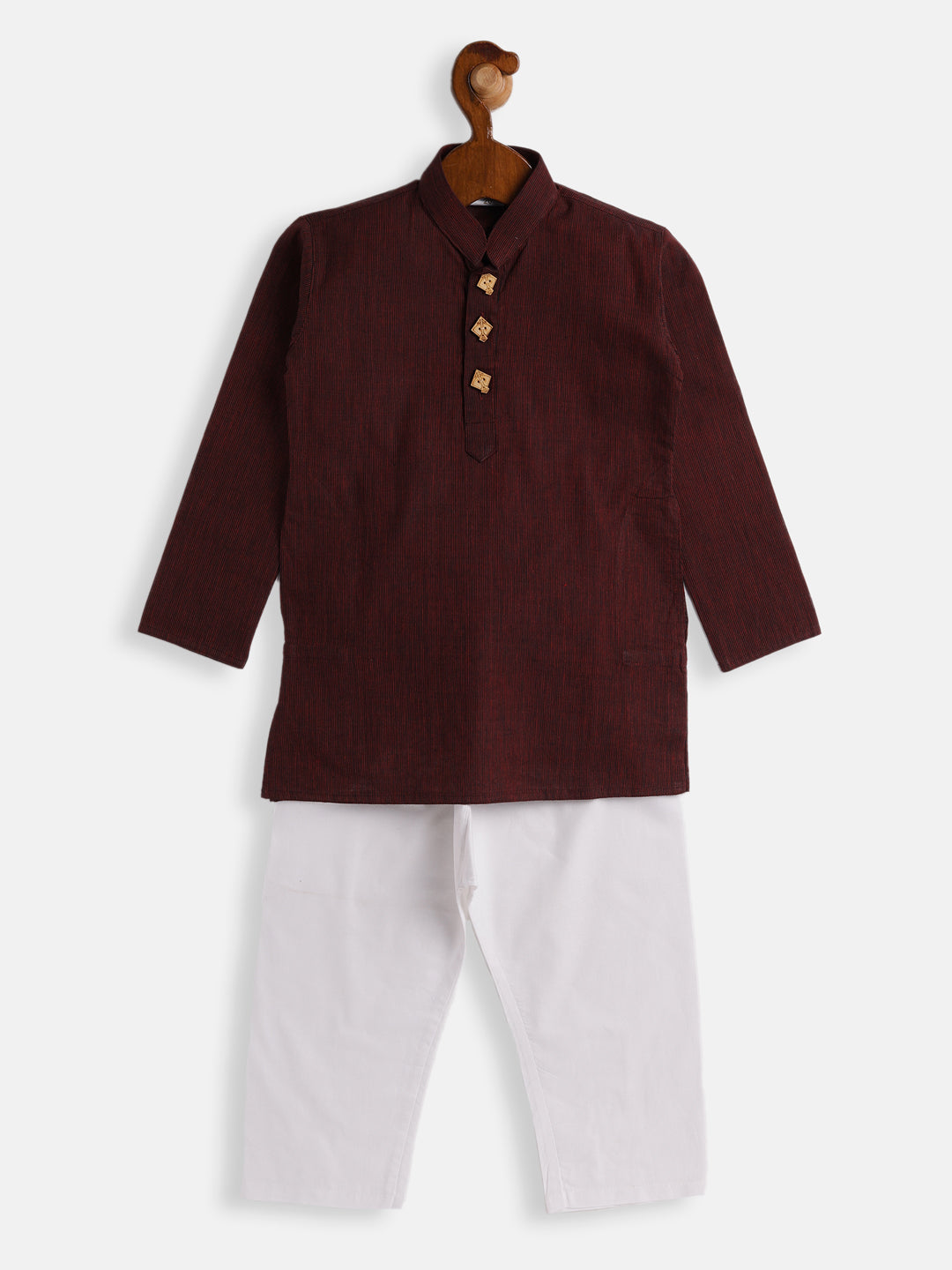 VASTRAMAY Boys Maroon And White Pure Cotton Kurta Pyjama Set - qivii