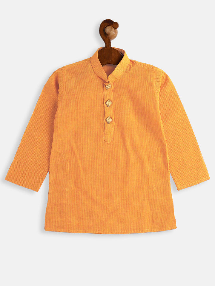 VASTRAMAY Boy's Mustard Striped Pure Cotton Kurta - qivii