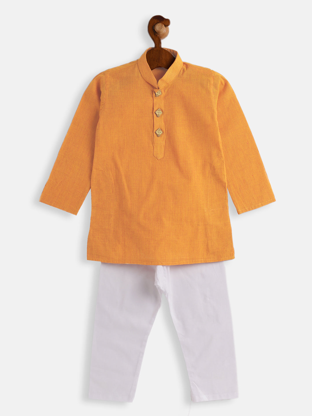 VASTRAMAY Boys Yellow and White Pure Cotton Kurta Pyjama Set - qivii