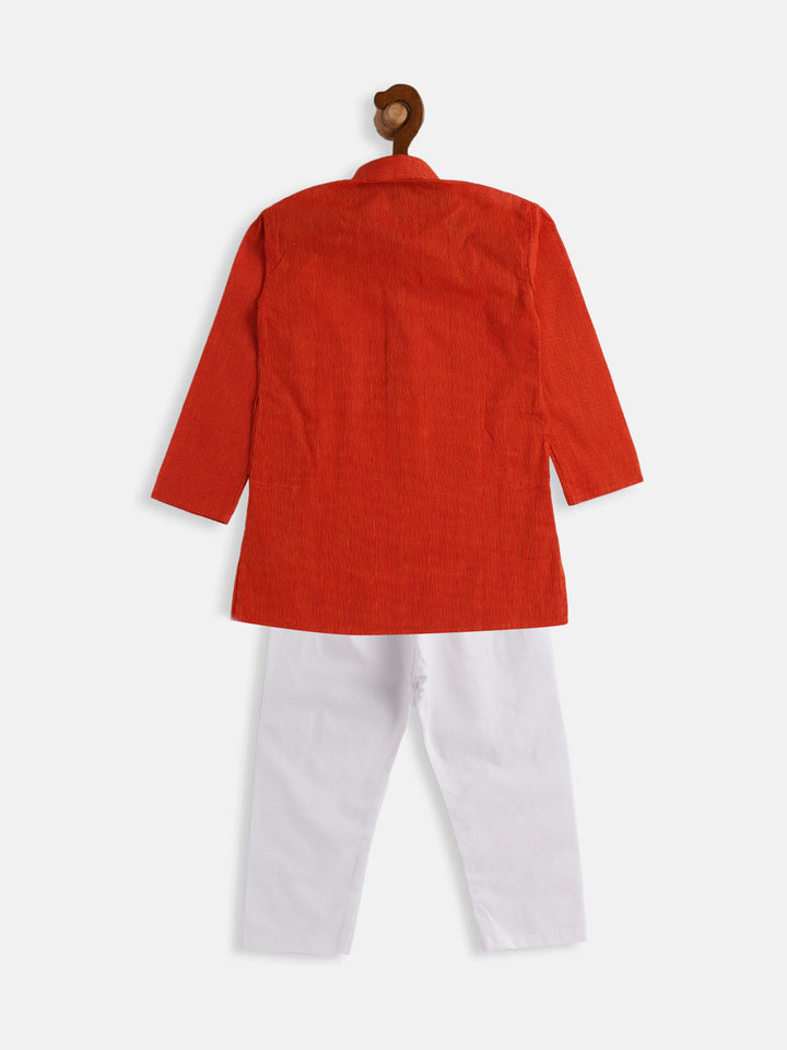 VASTRAMAY Boys Red and White Pure Cotton Kurta Pyjama Set - qivii
