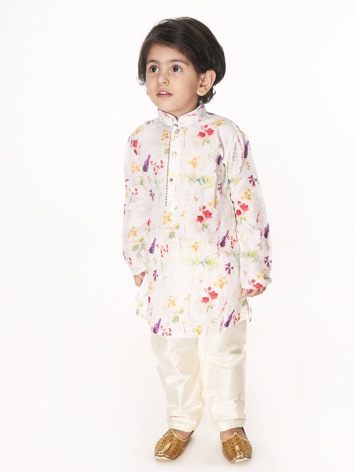VASTRAMAY Boys Multicolor-Base-Cream Cotton Blend Kurta Pyjama Set - qivii