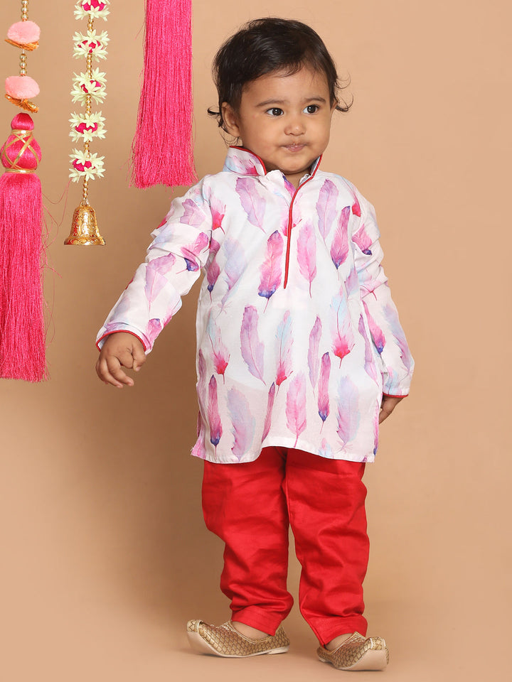 VASTRAMAY Boy's White Printed Kurta With Red Pyjama Set - qivii