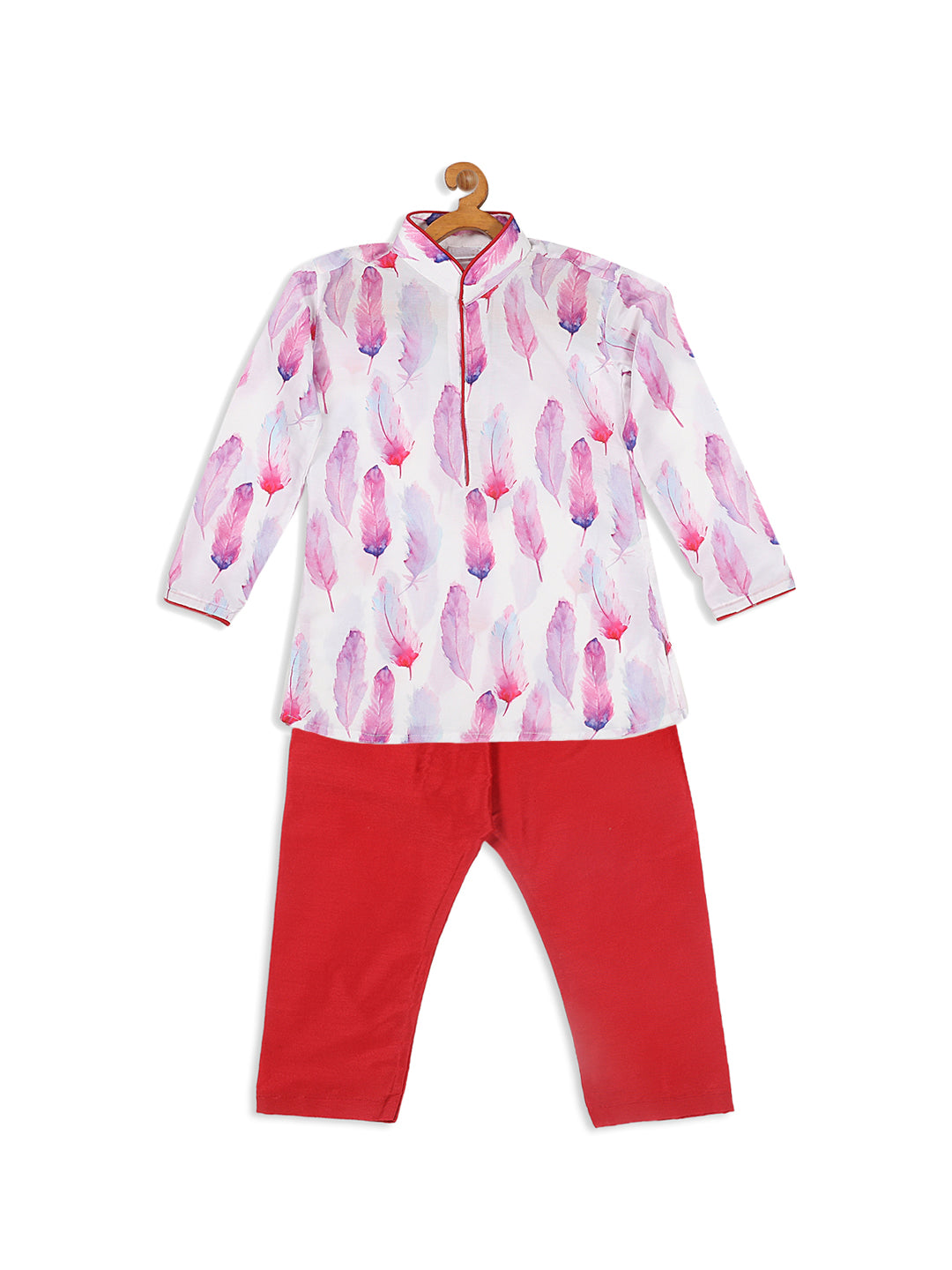 VASTRAMAY Boy's White Printed Kurta With Red Pyjama Set - qivii