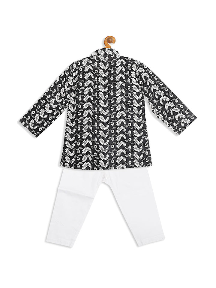 VASTRAMAY SISHU Boy's Black Chikankari Pure Cotton Kurta With White Pyjama Set - qivii