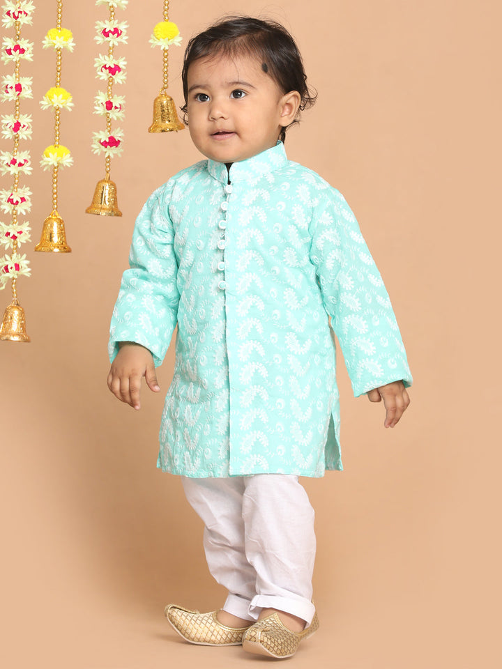 VASTRAMAY Boy's Green Chikankari Pure Cotton Kurta - qivii