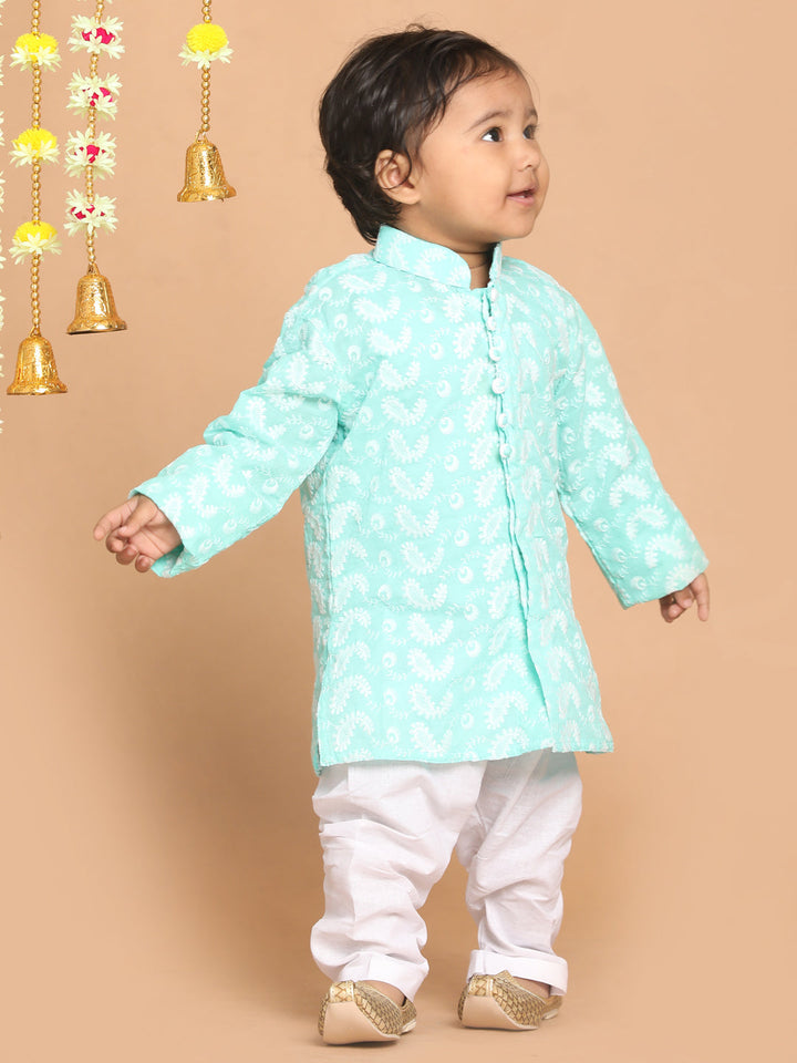 VASTRAMAY SISHU Boy's Green Chikankari Pure Cotton Kurta With White Pyjama Set - qivii