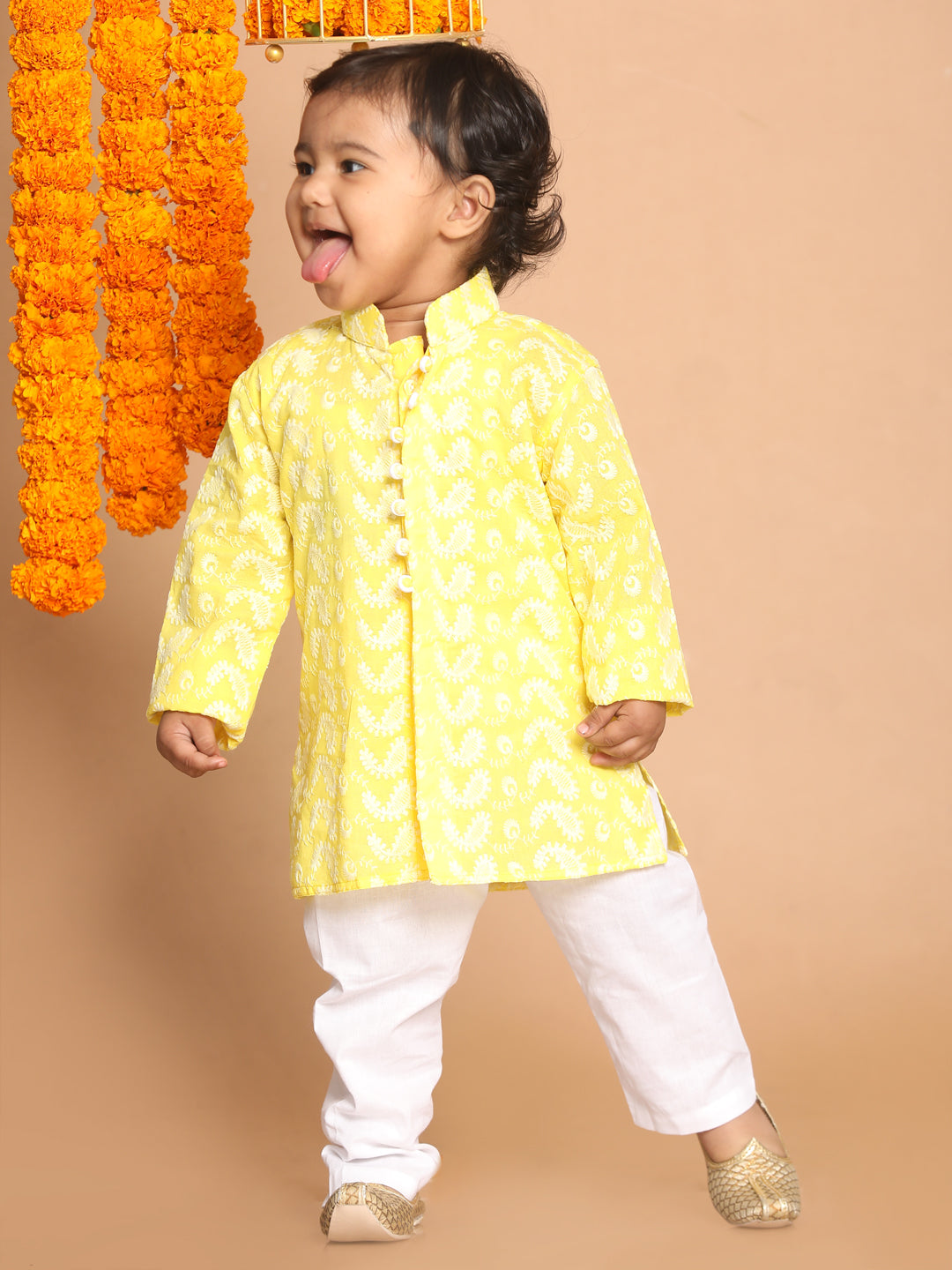 VASTRAMAY SISHU Boy's Mustard Floral Chikankari Pure Cotton Kurta with Pyjama - qivii