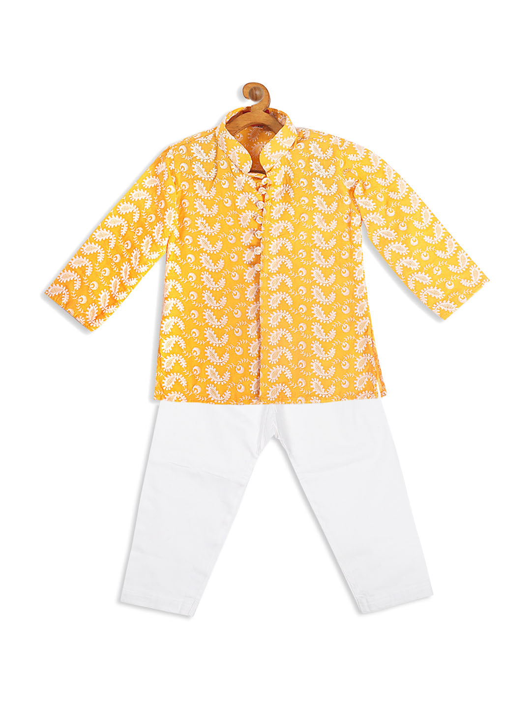 VASTRAMAY SISHU Boy's Orange Floral Chikankari Pure Cotton Kurta With White Pyjama Set - qivii