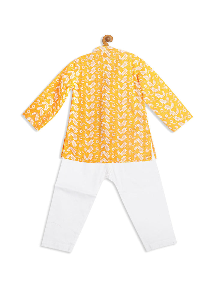 VASTRAMAY SISHU Boy's Orange Floral Chikankari Pure Cotton Kurta With White Pyjama Set - qivii