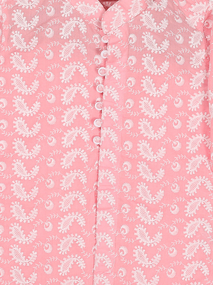VASTRAMAY Boy's Pink Floral Chikankari Pure Cotton Kurta - qivii