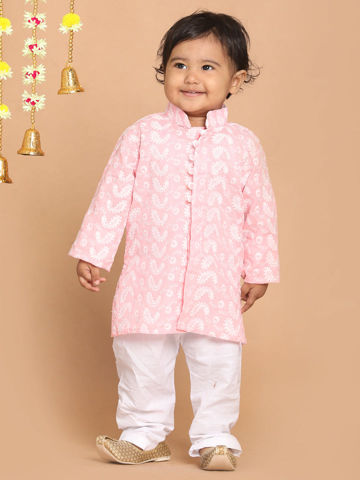 VASTRAMAY Boy's Pink Floral Chikankari Pure Cotton Kurta - qivii
