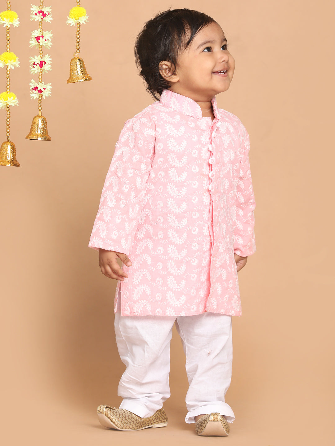 VASTRAMAY SISHU Boy's Pink Floral Chikankari Pure Cotton Kurta with Pyjama - qivii