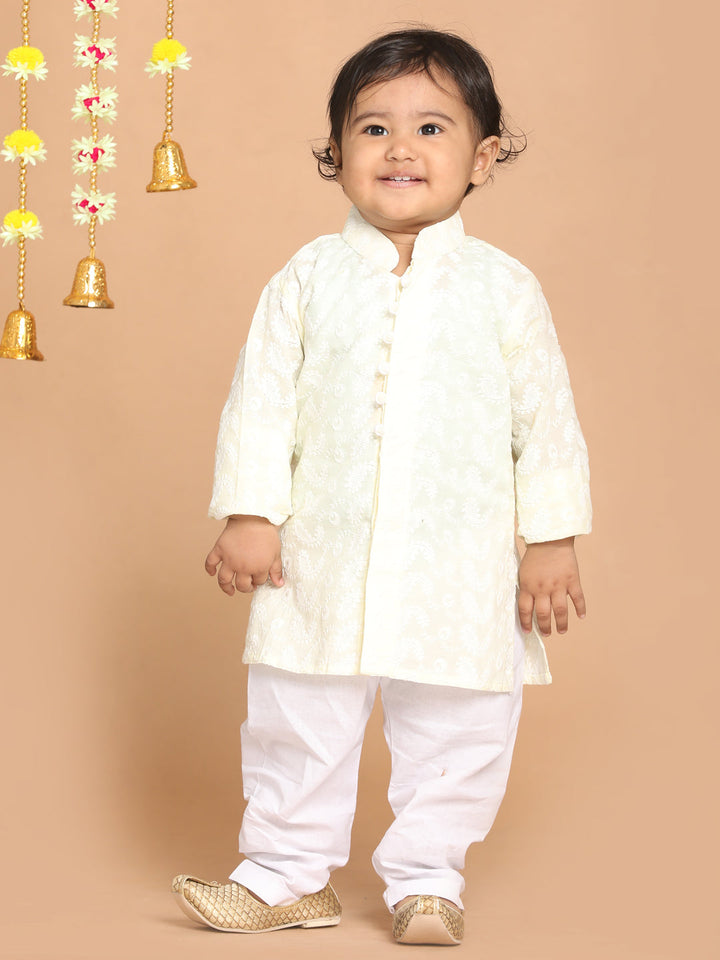 VASTRAMAY SISHU Boy's Yellow Chikankari Pure Cotton Kurta With Pyjama Set - qivii