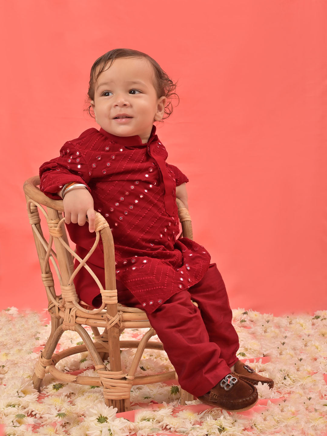 VASTRAMAY SISHU Boys' Maroon Mirror Work Kurta Pyjama Set - qivii