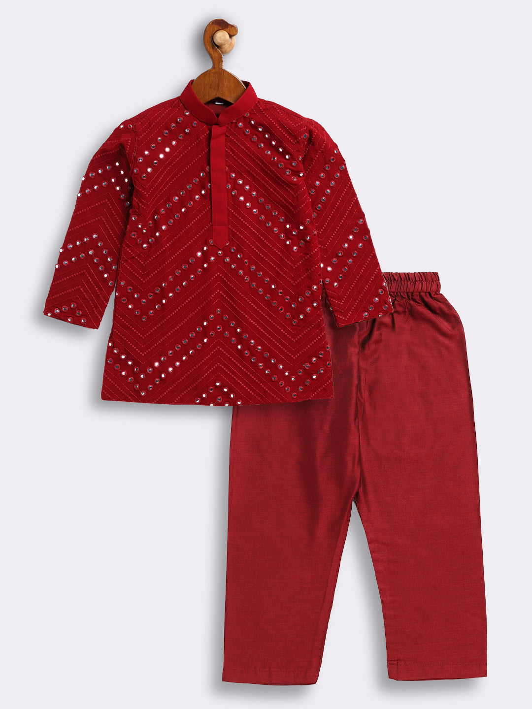 VASTRAMAY SISHU Boys' Maroon Mirror Work Kurta Pyjama Set - qivii