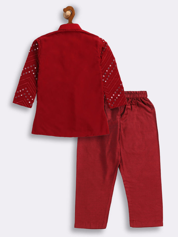 VASTRAMAY SISHU Boys' Maroon Mirror Work Kurta Pyjama Set - qivii