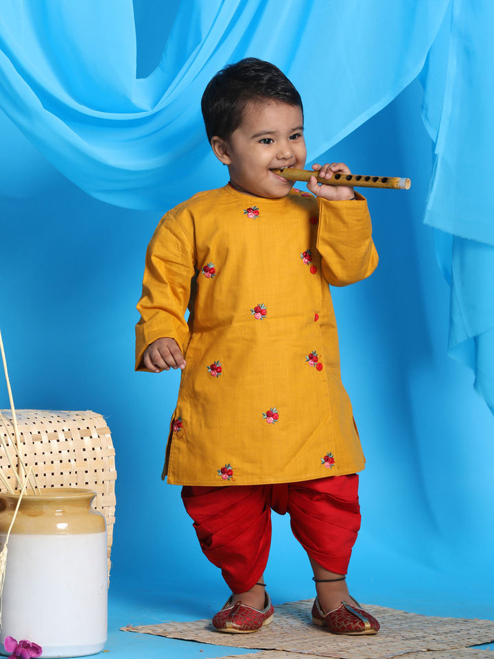 VASTRAMAY SISHU Boy's Mustard Floral Motif Embroidered Kurta and Red Dhoti Set - qivii