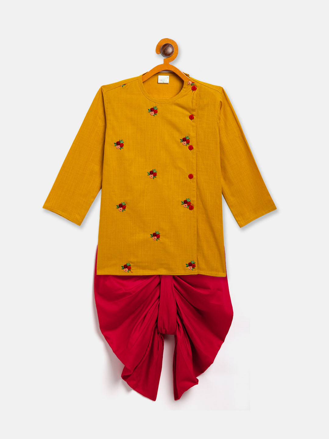 VASTRAMAY SISHU Boy's Mustard Floral Motif Embroidered Kurta and Red Dhoti Set - qivii