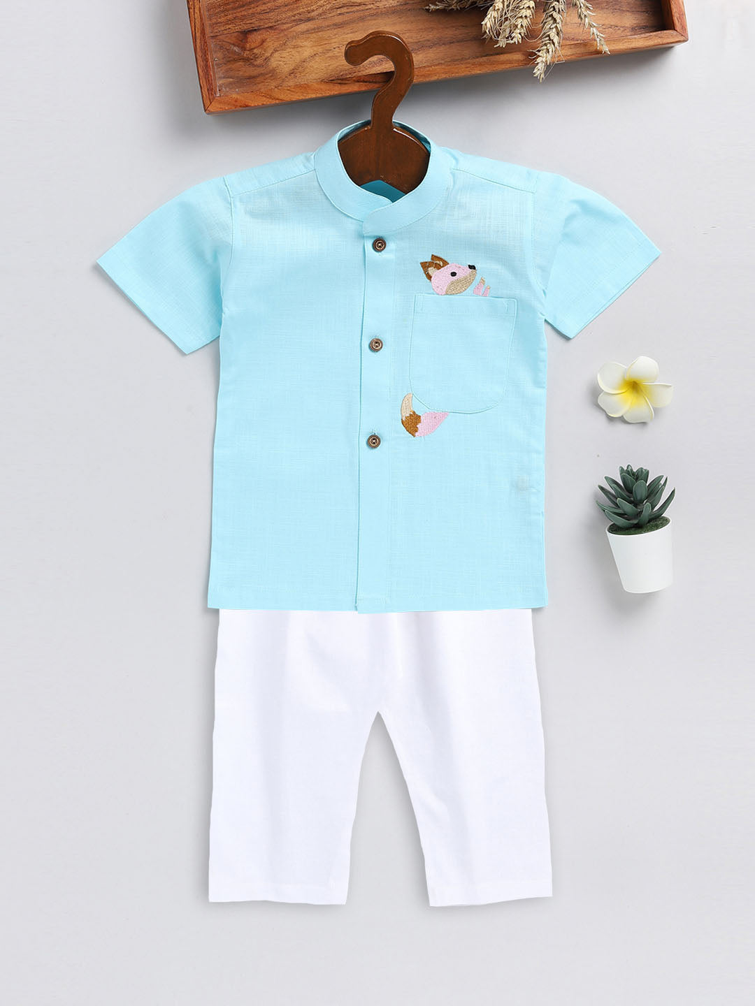VASTRAMAY Boy's Aqua Blue and White Embroidered Cotton Kurta Pyjama Set - qivii