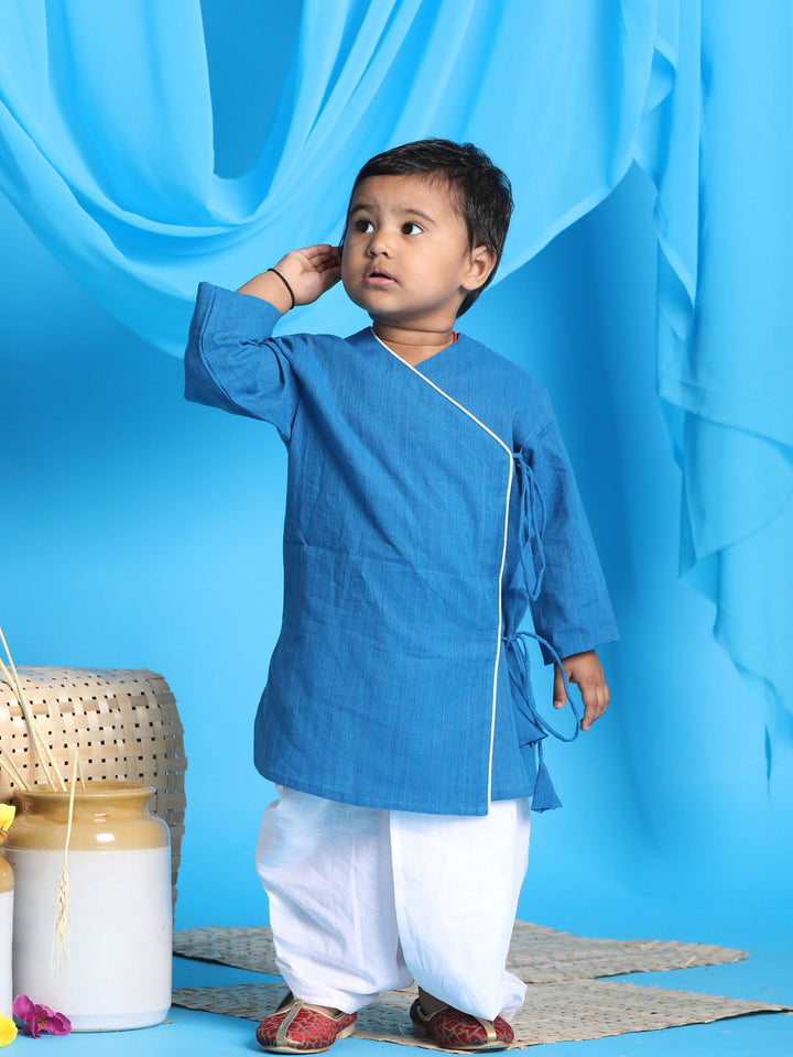 VASTRAMAY SISHU Boy's Blue Angrakha Style Krishna Kurta and White Dhoti Set - qivii