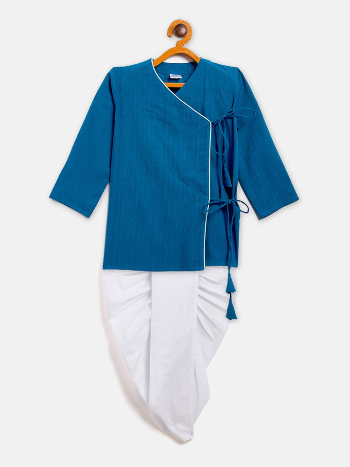 VASTRAMAY SISHU Boy's Blue Angrakha Style Krishna Kurta and White Dhoti Set - qivii