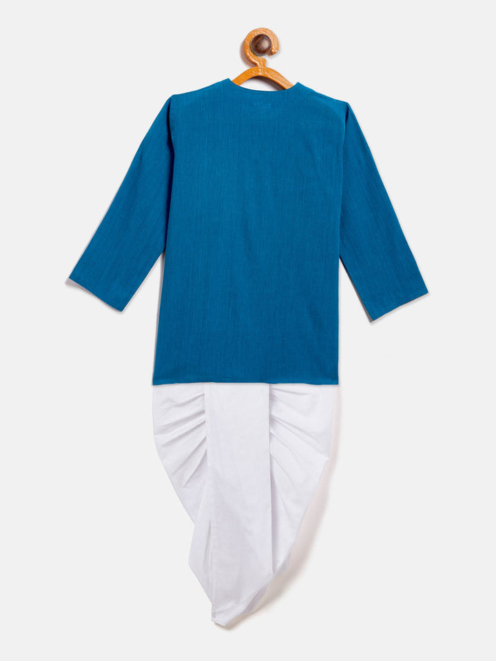 VASTRAMAY SISHU Boy's Blue Angrakha Style Krishna Kurta and White Dhoti Set - qivii