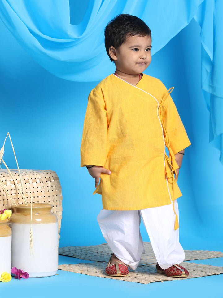 VASTRAMAY SISHU Boy's Mustard Angrakha Style Krishna Kurta and White Dhoti Set - qivii