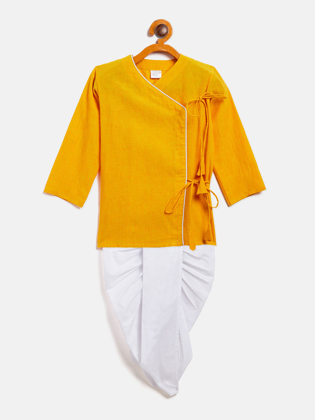 VASTRAMAY SISHU Boy's Mustard Angrakha Style Krishna Kurta and White Dhoti Set - qivii