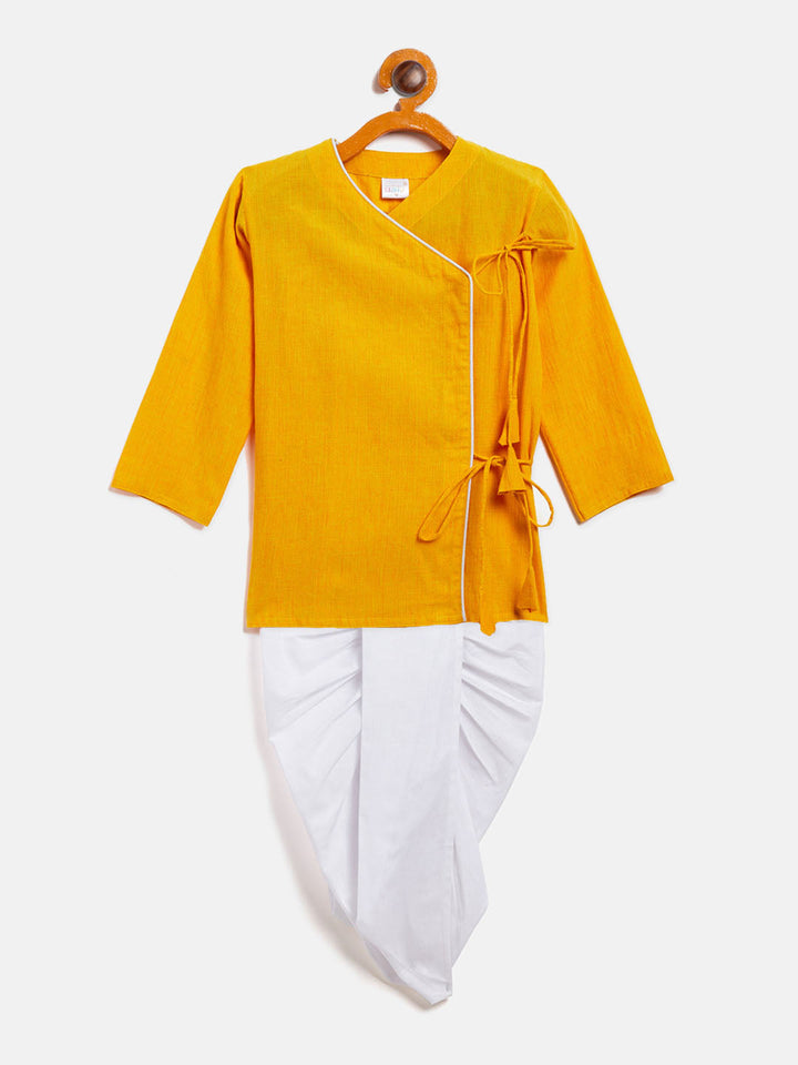 VASTRAMAY SISHU Boy's Mustard Angrakha Style Krishna Kurta and White Dhoti Set - qivii