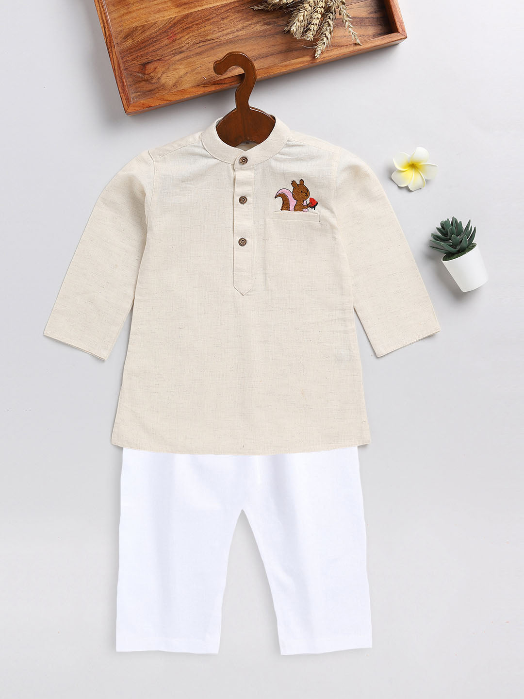 VASTRAMAY SISHU Boy's Beige and White Embroidered Cotton Kurta Pyjama Set - qivii