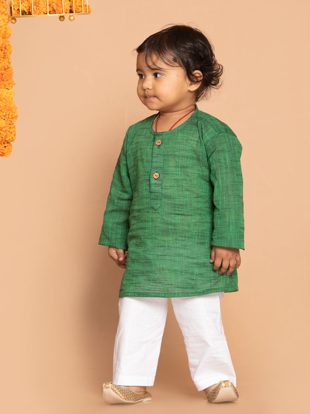 VASTRAMAY Boys' Green Cotton Kurta and White Pyjama Set - qivii