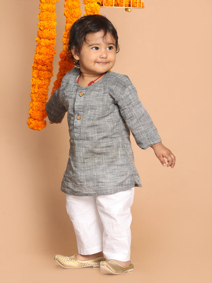 VASTRAMAY SISHU Boys' Grey Cotton Kurta and White Pyjama Set - qivii